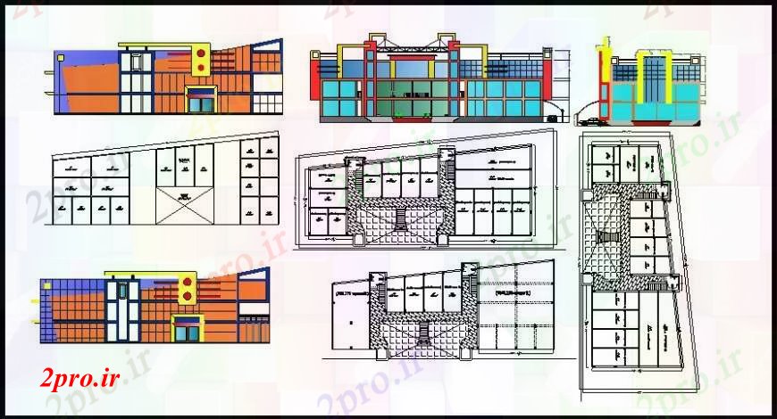 دانلود نقشه ساختمان اداری - تجاری - صنعتی دفتر نما دو بعدی 57 در 145 متر (کد110198)