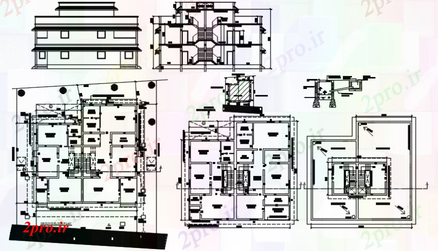 دانلود نقشه مسکونی  ، ویلایی ، آپارتمان  مسکونی دو طبقه ویلا نما، بخش و طرحی طبقه جزئیات (کد110207)