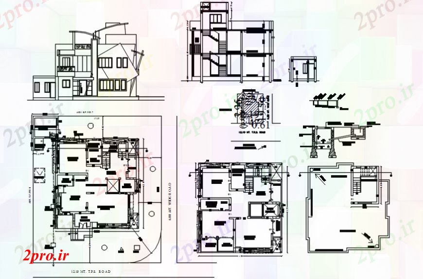 دانلود نقشه مسکونی  ، ویلایی ، آپارتمان  سه دان خانههای ویلایی مسکونی نما، بخش و طرحی طبقه جزئیات طراحی  (کد110208)