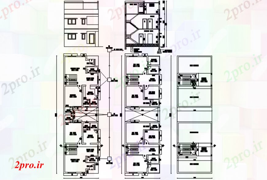 دانلود نقشه مسکونی  ، ویلایی ، آپارتمان  سه دان مسکونی نما، بخش و  طبقه طراحی جزئیات (کد110218)