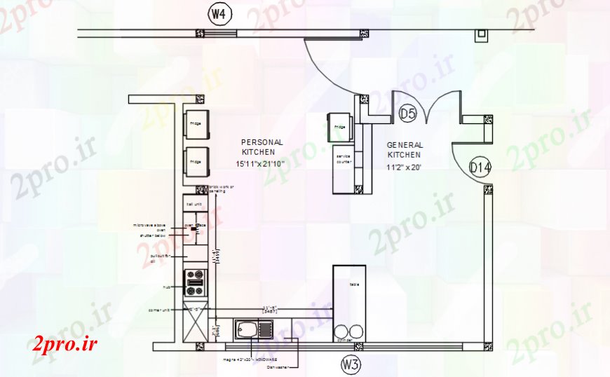 دانلود نقشه آشپزخانه شخصی و عمومی آشپزخانه طرحی با مبلمان  (کد110323)