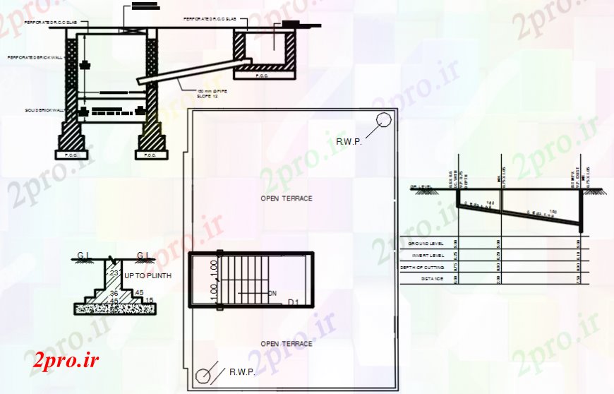 دانلود نقشه جزئیات پله و راه پله  خانه دال بتنی با دیوار آجری  و طرحی تراس جزئیات (کد110336)