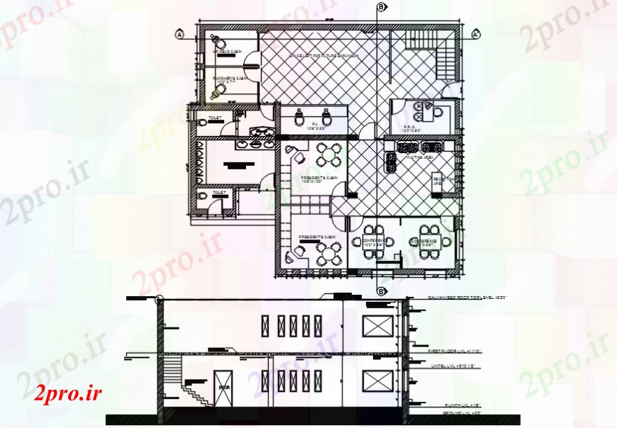 دانلود نقشه ساختمان اداری - تجاری - صنعتی دفتر دو بخش و طراحی دان 14 در 14 متر (کد110362)