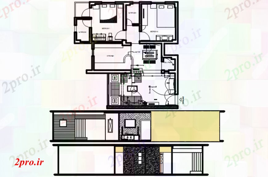 دانلود نقشه اتاق نشیمن ، حال ، پذیرایی خانه مدرن طرحی بالای صفحه و بخش 9 در 9 متر (کد110626)