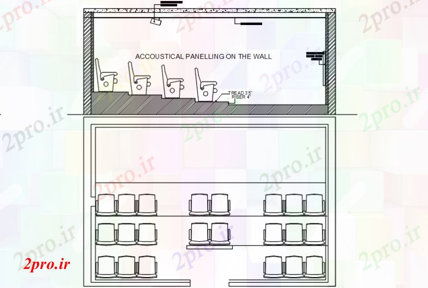 دانلود نقشه تئاتر چند منظوره - سینما - سالن کنفرانس - سالن همایشصوت دیوار لایه برداری بخش و طرحی جزئیات تئاتر روی صفحه 5 در 8 متر (کد110665)