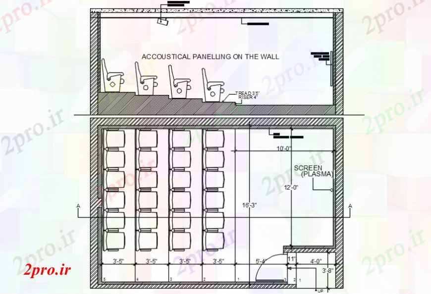 دانلود نقشه تئاتر چند منظوره - سینما - سالن کنفرانس - سالن همایشبخش و طرحی صفحه دیوار طراحی جزئیات برای تئاتر 5 در 8 متر (کد110666)