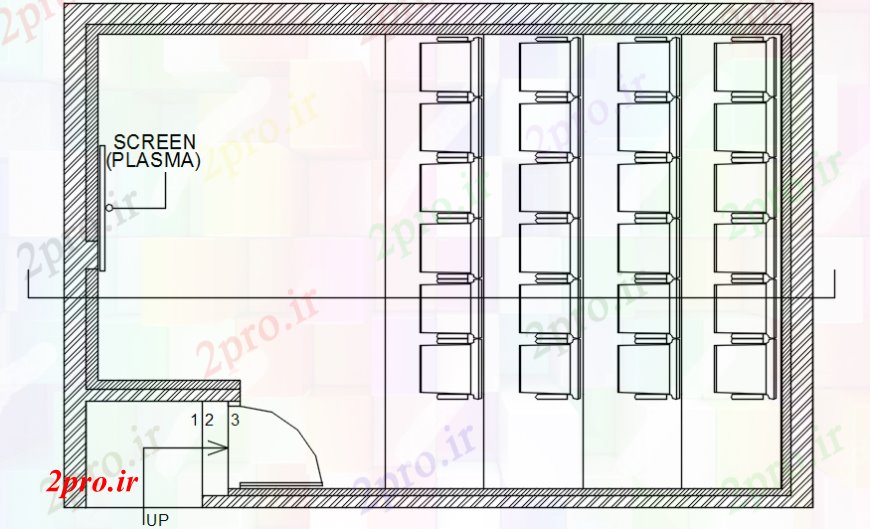 دانلود نقشه تئاتر چند منظوره - سینما - سالن کنفرانس - سالن همایشطراحی صفحه تلویزیون پلاسما با جزئیات مبلمان تئاتر 5 در 8 متر (کد110667)