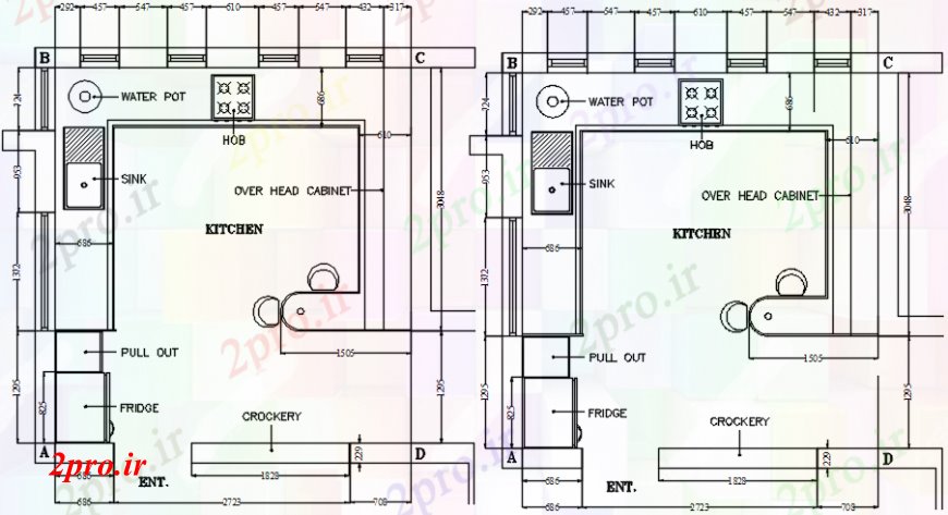 دانلود نقشه آشپزخانه دو آشپزخانه، خانه های طراحی با مبلمان طراحی جزئیات  (کد110708)