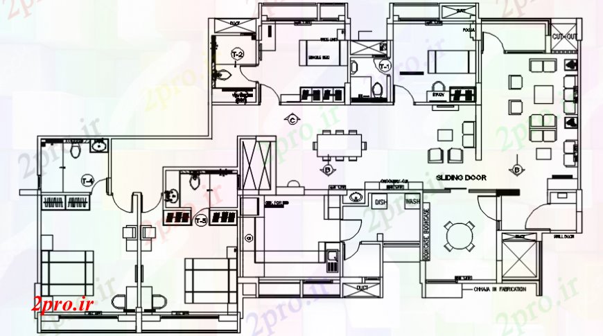 دانلود نقشه مسکونی  ، ویلایی ، آپارتمان  چهار اتاق خواب خانه یک خانواده با مبلمان  (کد110735)