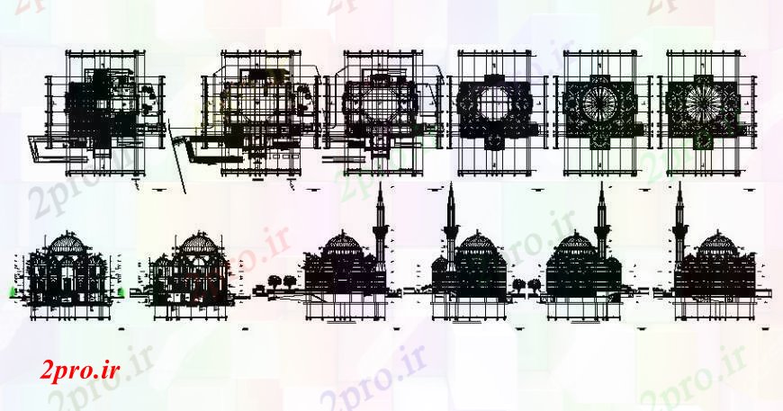 دانلود نقشه کلیسا - معبد - مکان مذهبی مسجد ساخت طراحی طرحی و نما دو بعدی 21 در 21 متر (کد110860)
