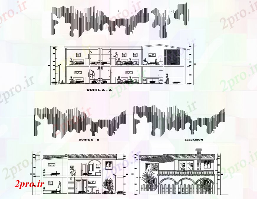 دانلود نقشه هتل - رستوران - اقامتگاه بخشی و نما هتلی را در های خودکار 11 در 18 متر (کد110864)