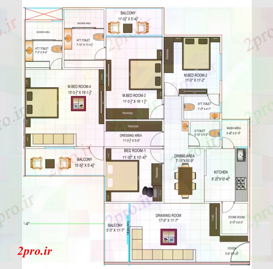 دانلود نقشه مسکونی  ، ویلایی ، آپارتمان  طرحی خانه چهار BHK در  PDF (کد110933)