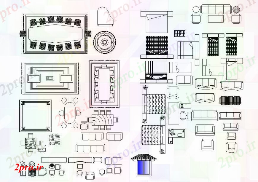 دانلود نقشه بلوک مبلمان ناهارخوری میز، تخت و مبل بلوک مبلمان های مختلف در   خودکار (کد110961)