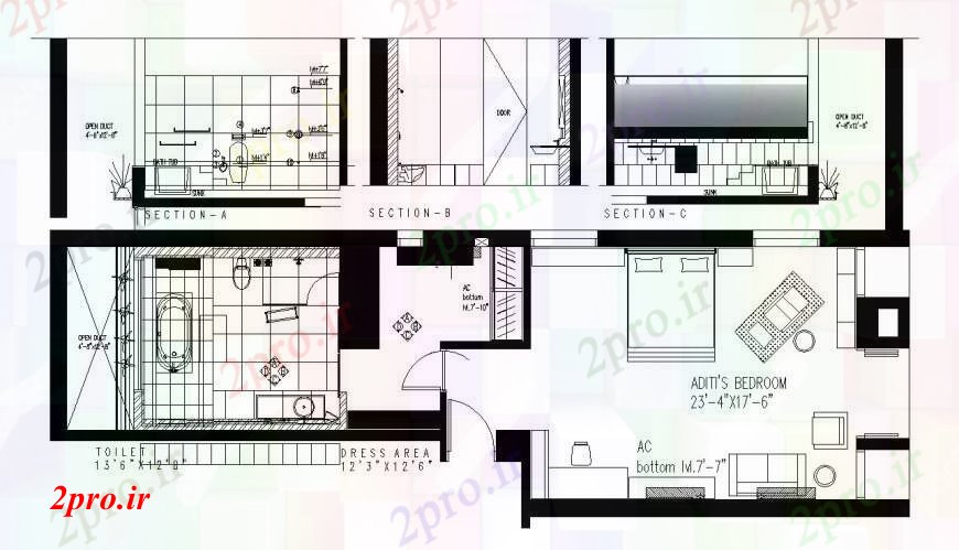 دانلود نقشه حمام مستر منطقه لباسشویی با بخش توالت در خودکار 6 در 17 متر (کد111010)