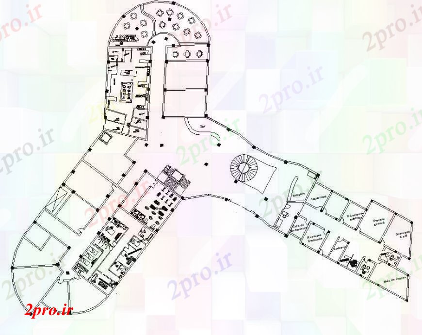 دانلود نقشه هتل - رستوران - اقامتگاه طرحی هتل در خودکار 37 در 44 متر (کد111026)