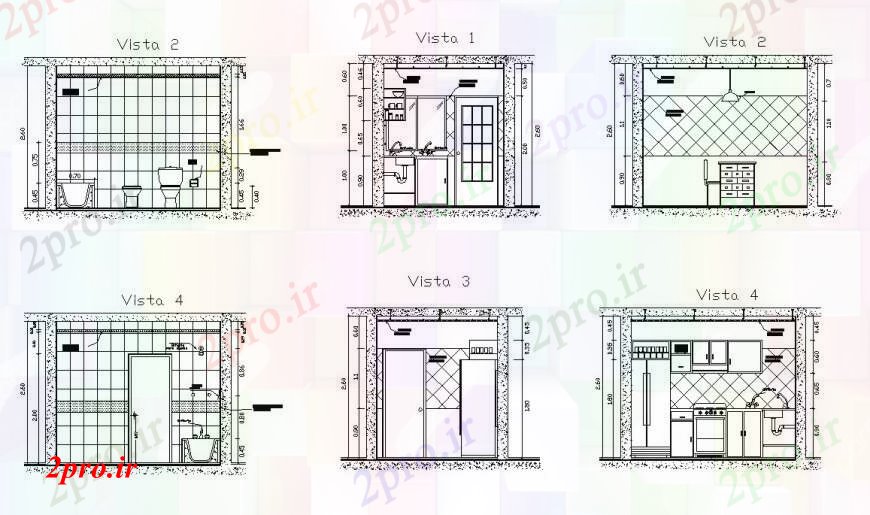 دانلود نقشه آشپزخانه فرم مختلف از آشپزخانه در خودکار 3 در 4 متر (کد111061)