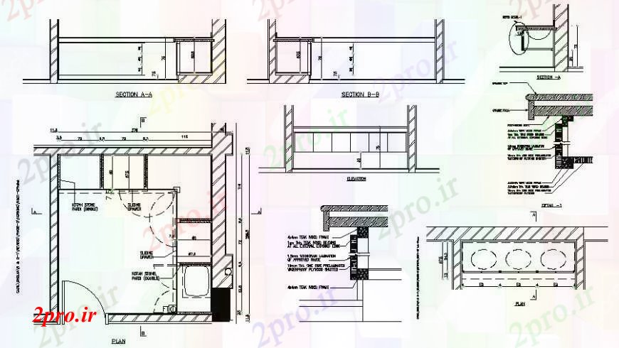 دانلود نقشه جزئیات طراحی ساخت آشپزخانه طرحی اتاق آشپزخانه و طراحی مقطعی جزئیات  (کد111068)