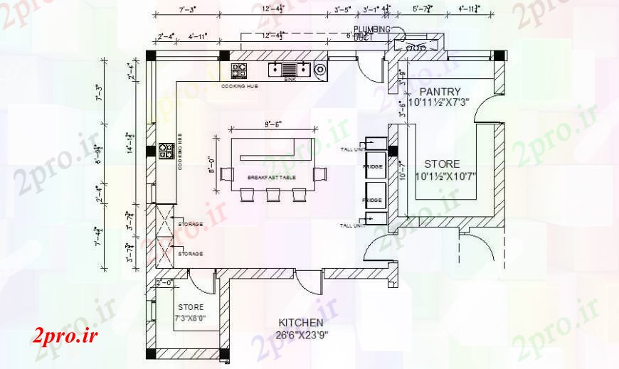 دانلود نقشه جزئیات فضای داخلی ناهار خوری  ناهارخوری طراحی منطقه جزئیات با آشپزخانه  (کد111124)