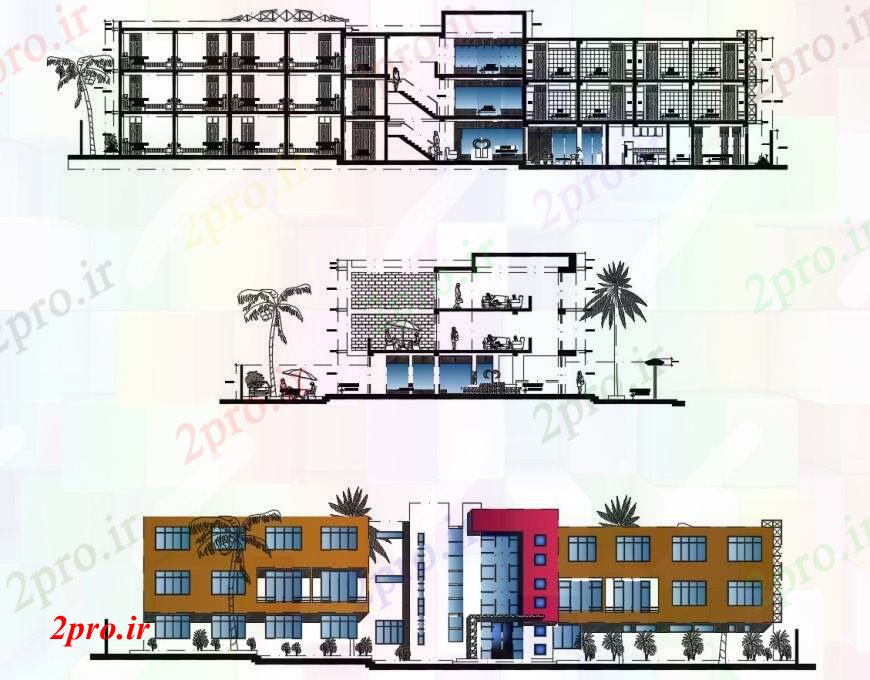 دانلود نقشه هتل - رستوران - اقامتگاه نما مختلف هتل در خودکار 23 در 45 متر (کد111140)