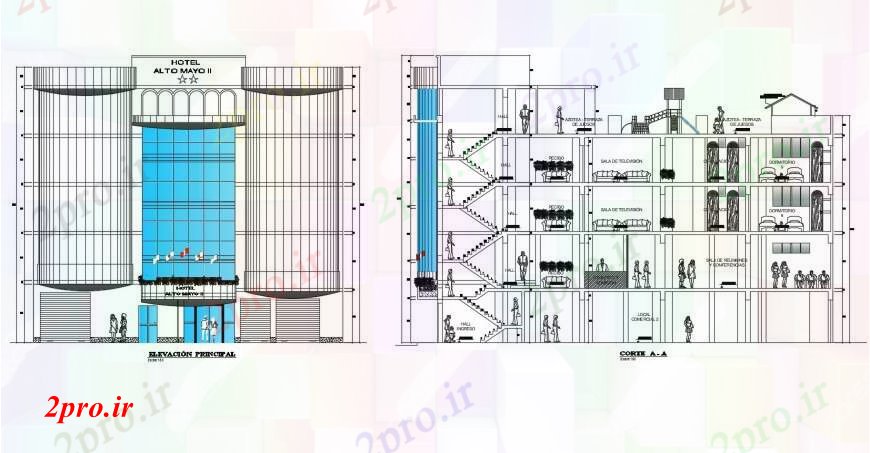 دانلود نقشه هتل - رستوران - اقامتگاه نما هتل و بخش در خودکار 18 در 29 متر (کد111143)