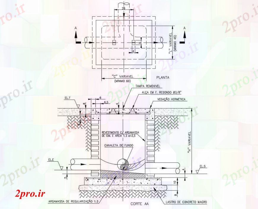 دانلود نقشه جزئیات ساخت و ساز جعبه بازرسی با نمای ساخت و ساز لوله  (کد111149)