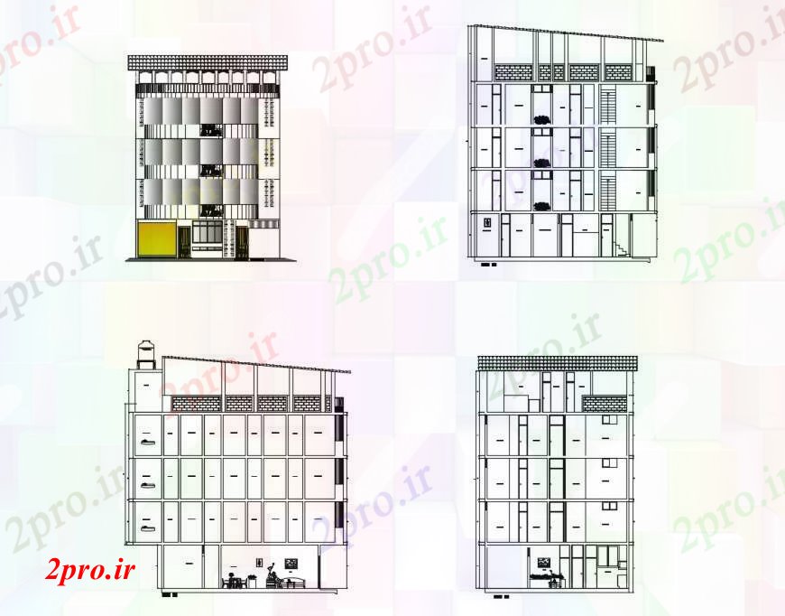 دانلود نقشه هتل - رستوران - اقامتگاه نما هتل سمت های مختلف در خودکار 10 در 12 متر (کد111155)