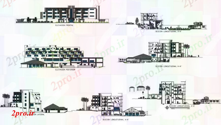 دانلود نقشه هتل - رستوران - اقامتگاه نما و فرم محور مختلف هتل 36 در 63 متر (کد111163)