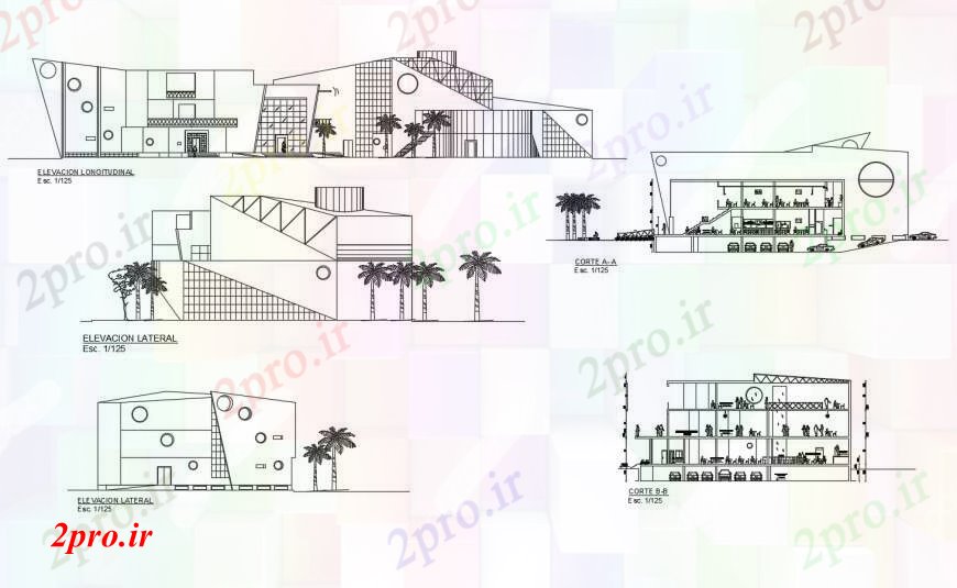 دانلود نقشه هتل - رستوران - اقامتگاه نما و فرم محور مختلف رستوران 37 در 90 متر (کد111170)