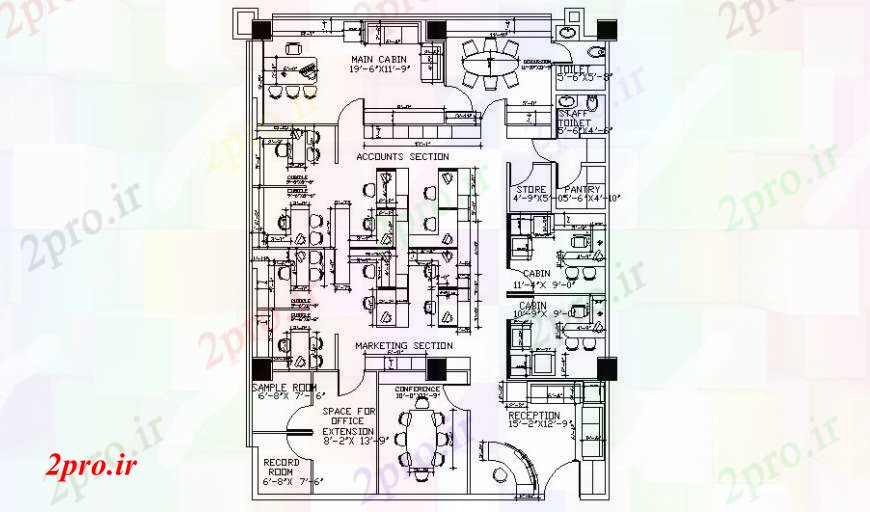 دانلود نقشه ساختمان اداری - تجاری - صنعتی ساختمان اداری نقشه دو بعدی برنامه کاری اتوکد 48 در 65 متر (کد111188)