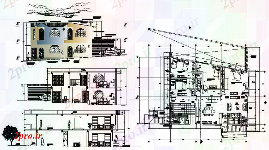 دانلود نقشه مسکونی  ، ویلایی ، آپارتمان  مسکن مسکونی ویلا نما طرحی و بخش  (کد111249)