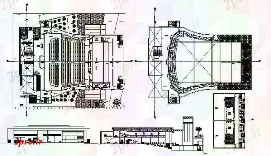 دانلود نقشه تئاتر چند منظوره - سینما - سالن کنفرانس - سالن همایشچند پیچیده نما طرحی ساختمان تئاتر و بخش 48 در 66 متر (کد111258)