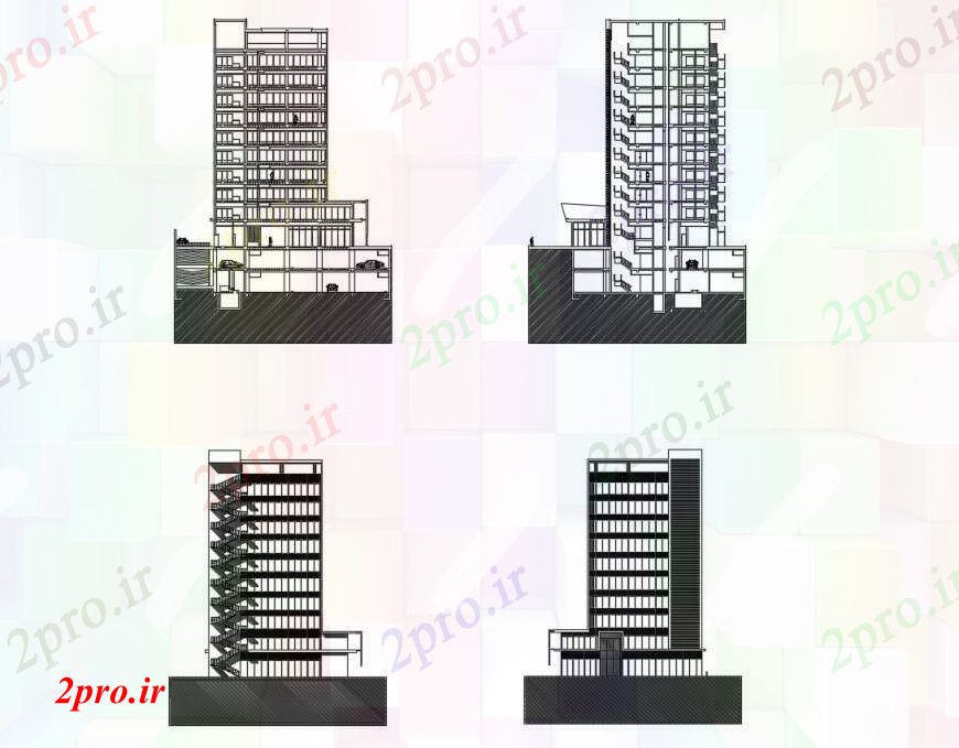 دانلود نقشه ساختمان اداری - تجاری - صنعتی ساختمان اداری به طرف های مختلف در خودکار 32 در 40 متر (کد111268)