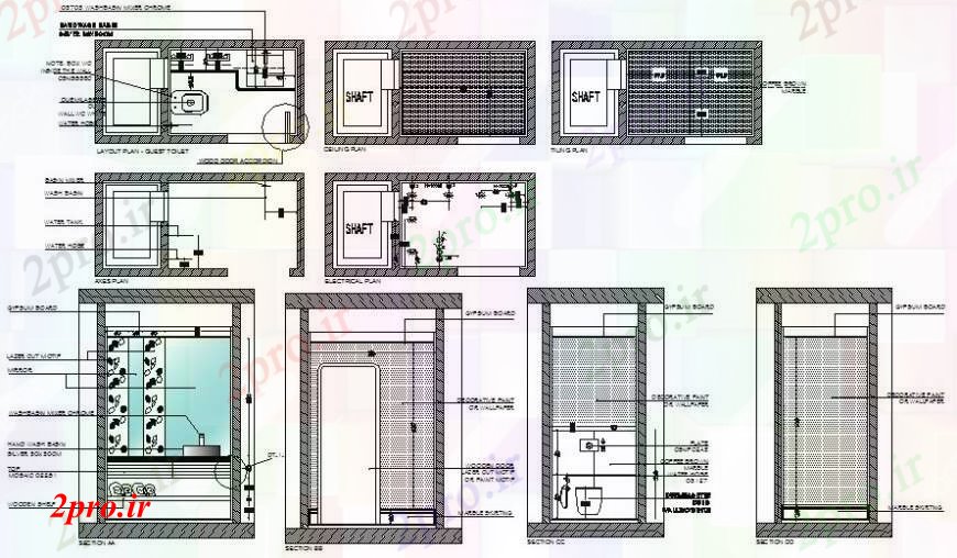 دانلود نقشه حمام مستر طراحی منطقه توالت بهداشتی جزئیات طرحی و اتوکد نما 2 در 3 متر (کد111317)