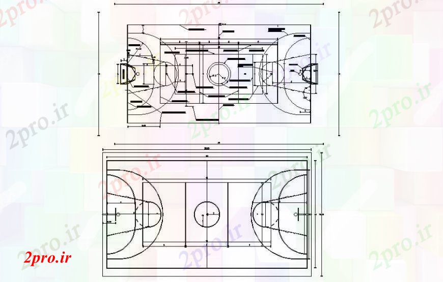 دانلود نقشه ورزشگاه ، سالن ورزش ، باشگاه زمین دادگاه ورزشی از سبد توپ دو بعدی 19 در 32 متر (کد111386)