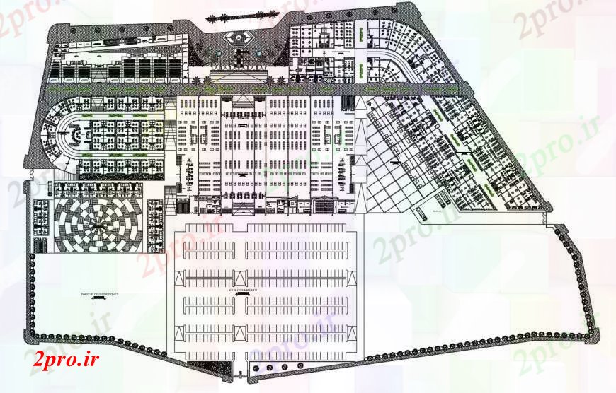 دانلود نقشه ساختمان اداری - تجاری - صنعتی طرحی مرکز تجاری در خودکار 202 در 368 متر (کد111397)