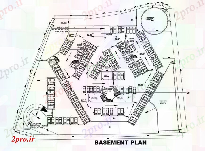 دانلود نقشه ساختمان اداری - تجاری - صنعتی طرحی زیرزمین ساختمان شرکت های بزرگ با پارکینگ 91 در 122 متر (کد111402)