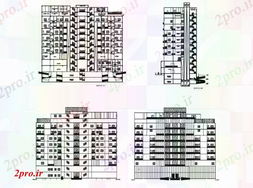 دانلود نقشه ساختمان اداری - تجاری - صنعتی نمای با نمای محور مختلف تجاری مرکز 18 در 47 متر (کد111407)