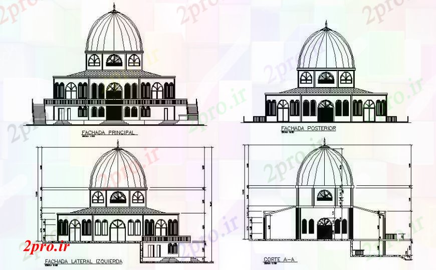 دانلود نقشه کلیسا - معبد - مکان مذهبی مسجد نما ساختمان ها و طراحی های مقطعی  دو بعدی   (کد111431)