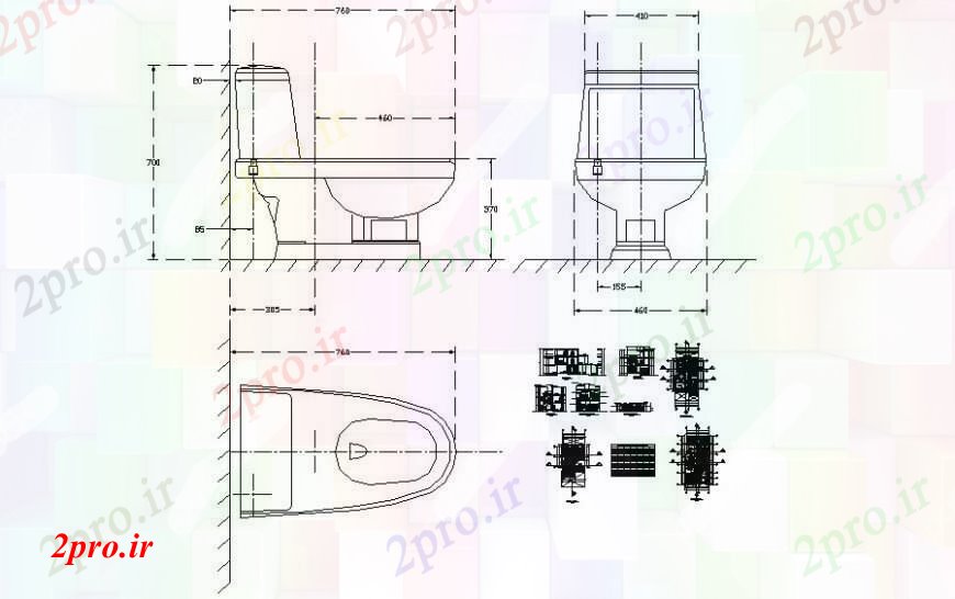 دانلود نقشه بلوک های بهداشتی جزئیات طراحی گنجه آب بهداشتی نما دو بعدی 8 در 17 متر (کد111435)