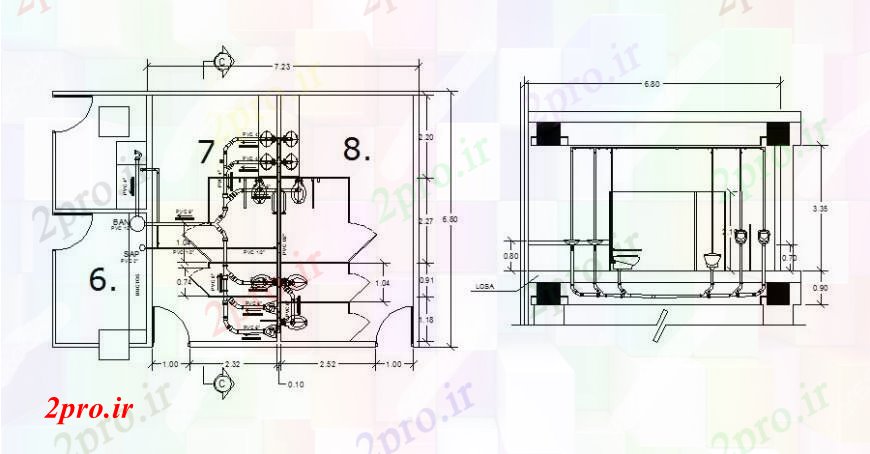 دانلود نقشه حمام مستر طرحی منطقه توالت بهداشتی و بخش قطع جریان  (کد111436)