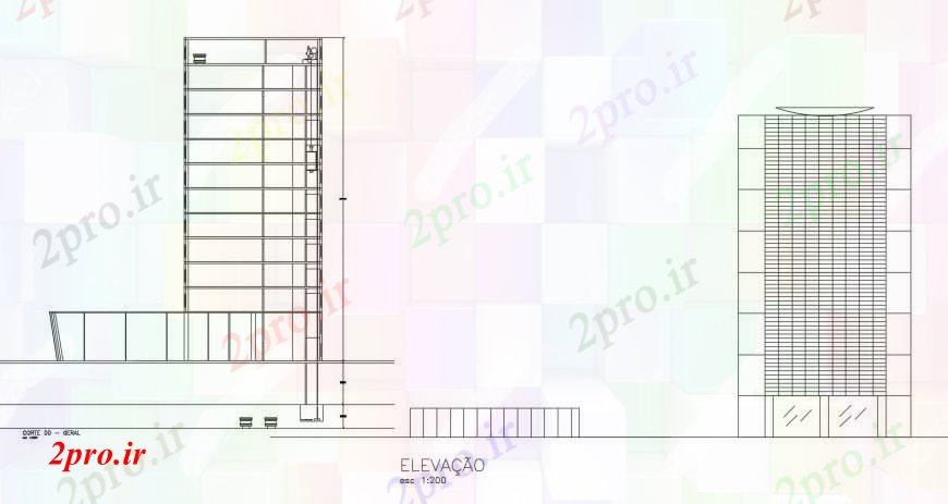 دانلود نقشه ساختمان اداری - تجاری - صنعتی نما ساختمان تجاری در خودکار 26 در 35 متر (کد111449)