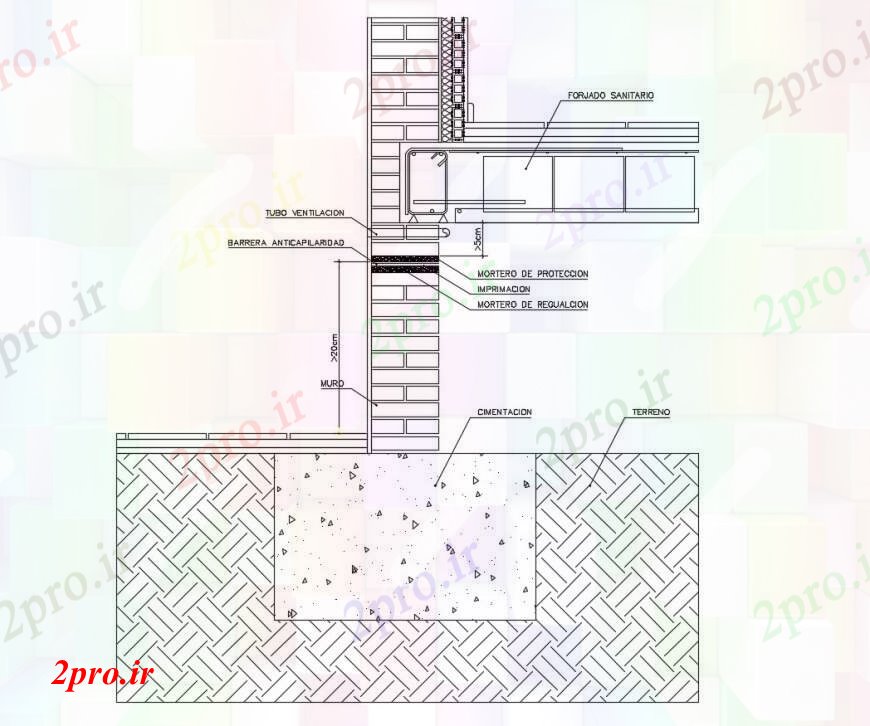 دانلود نقشه جزئیات ساخت و ساز دیوار ضد آب با منظره منطقه بتن در   خودکار (کد111463)