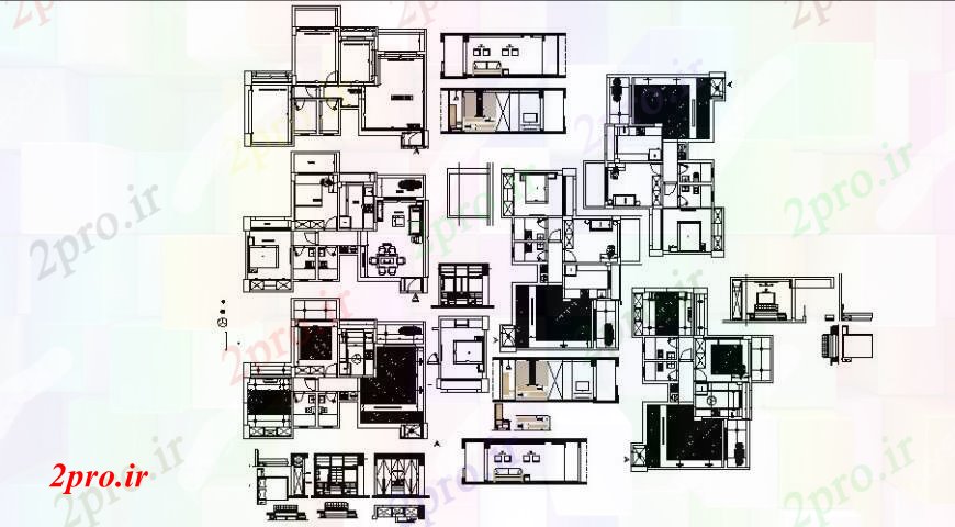 دانلود نقشه اتاق نشیمن ، حال ، پذیرایی اتاق مسکن های مختلف جزئیات طرحی و نما 8 در 12 متر (کد111545)