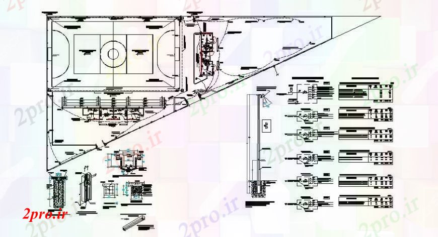 دانلود نقشه ورزشگاه ، سالن ورزش ، باشگاه ورزشی زمین بازی جزئیات طرحی با نصب و راه اندازی الکتریکی جزئیات  (کد111578)