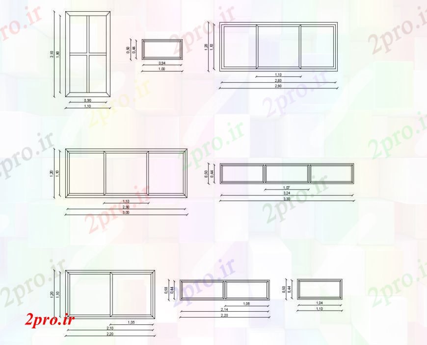 دانلود نقشه جزئیات طراحی در و پنجره  پنجره های آلومینیومی نما های مختلف در   خودکار (کد111589)