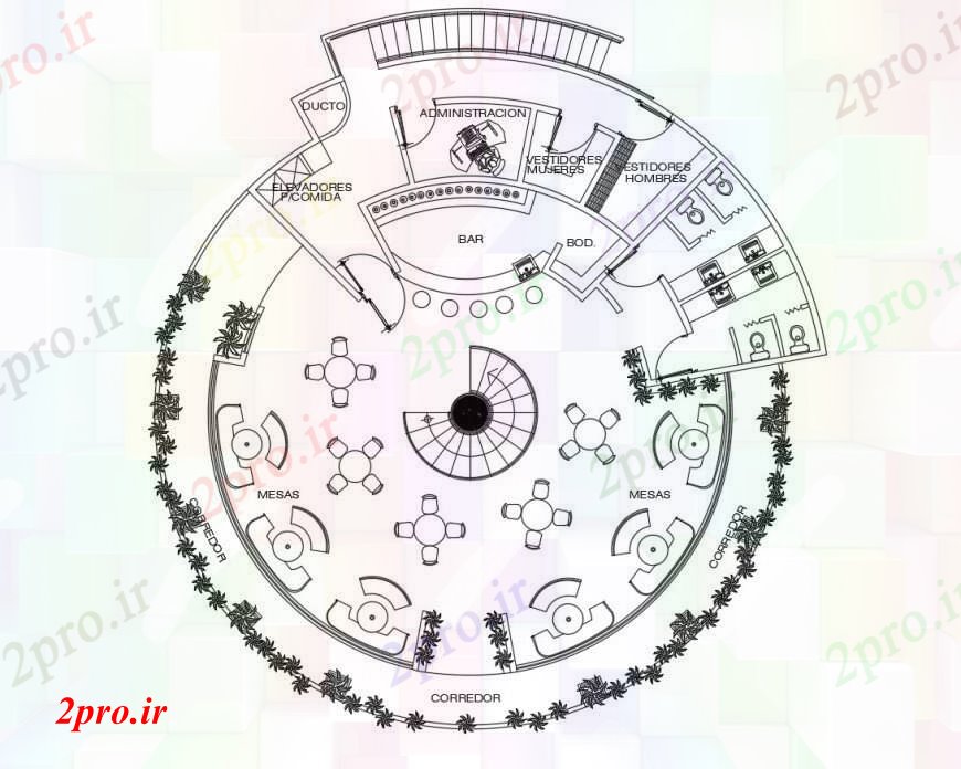 دانلود نقشه هتل - رستوران - اقامتگاه مدور طرحی طبقه شکل هتل در خودکار 31 در 31 متر (کد111601)