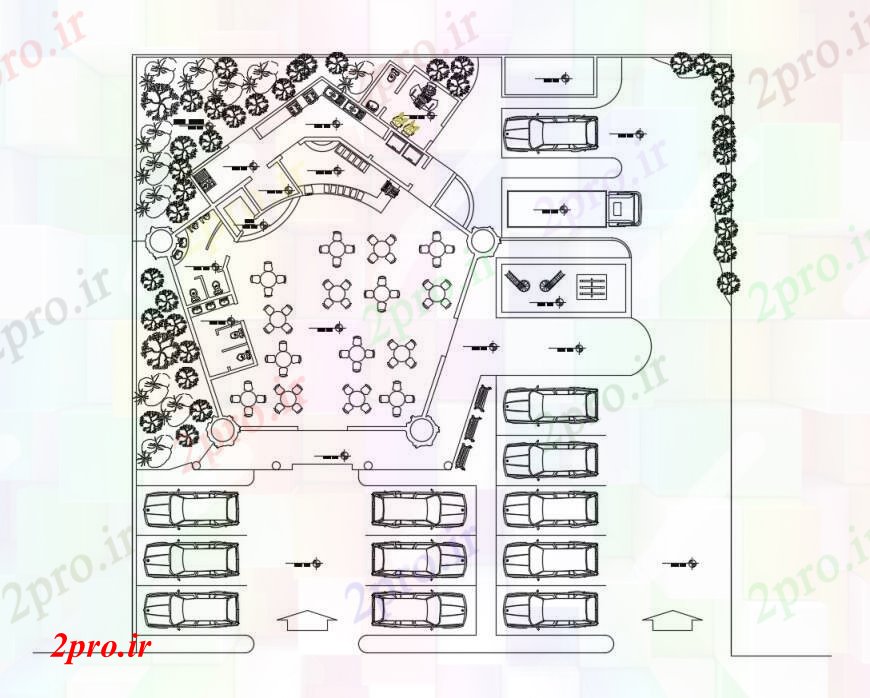 دانلود نقشه هتل - رستوران - اقامتگاه طرحی کلی هتل 31 در 31 متر (کد111602)