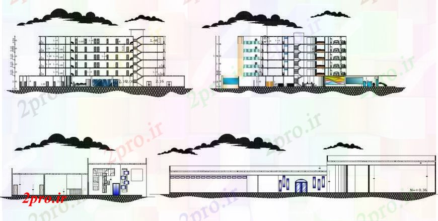 دانلود نقشه هتل - رستوران - اقامتگاه نماات مختلف هتلی را در خودرو 8 در 25 متر (کد111622)