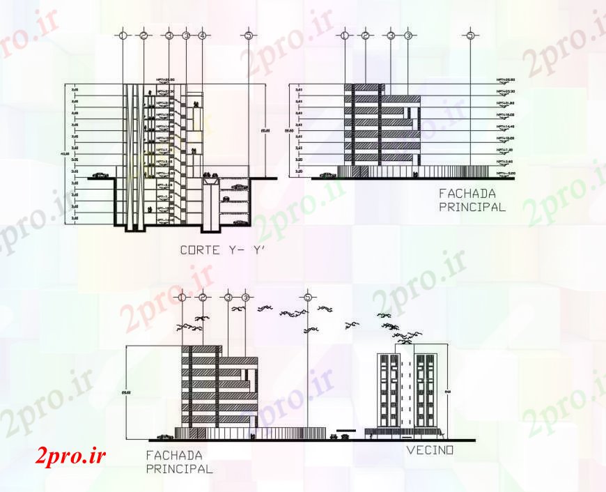 دانلود نقشه ساختمان اداری - تجاری - صنعتی بخشی و نما از دفتر در خودکار 34 در 65 متر (کد111632)