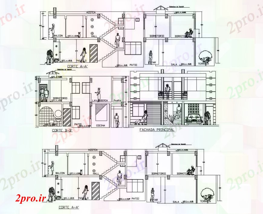 دانلود نقشه مسکونی ، ویلایی ، آپارتمان بخش و نما از منطقه مسکونی در خودکار 10 در 19 متر (کد111639)